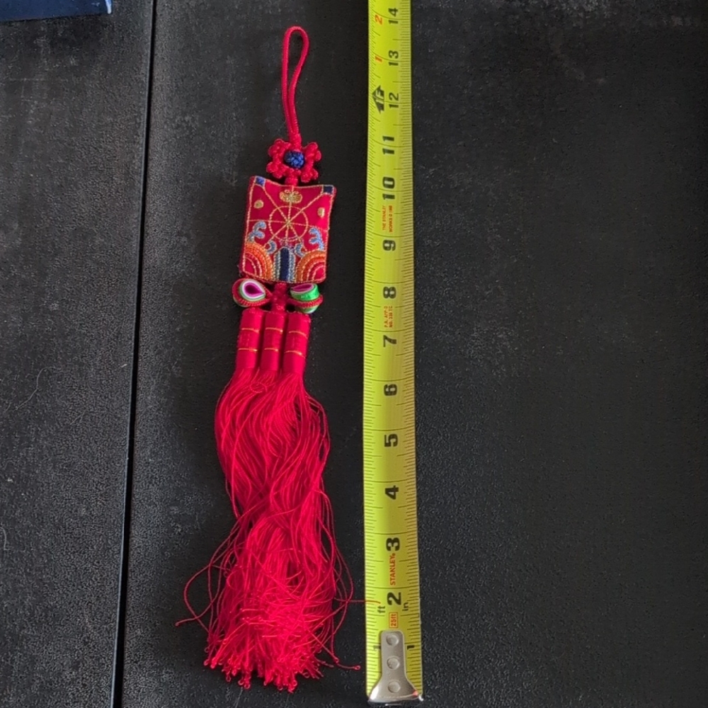 Red Chinese Tassel Charm with Embroidered Accent